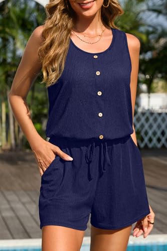 Image of Women Romper Swimsuit - One Piece Bathing Suit with Shorts with Pockets | Built-in brief, Modest, Boyleg, Padded bra, Drawstring, Full lining, Ribbed