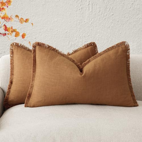 Image of Foindtower Decorative Linen Fringe Lumbar Throw Pillow Covers 12x20 Orange