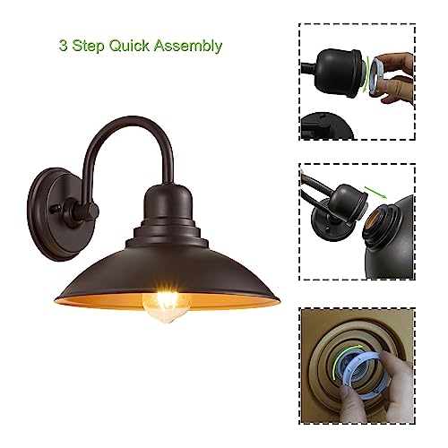 Image of GOLDHILL 10.5 inch Bronze Gooseneck Metal Outdoor Barn Light 2-Pack, Powder Coated Anti-Rust Farmhouse Exterior Wall Sconce with Gold Interior, Wet Location Rated for Porch, Garage, Bathroom Vanity
