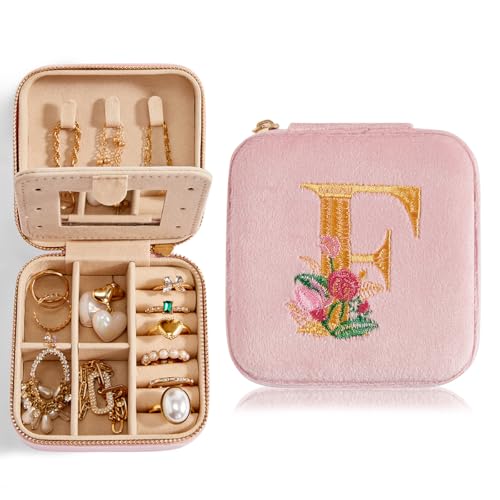 Smileshe Personalized Gifts for Mom Mothers Day, Birthday Gifts, Graduation Gifts for Girls Fashion, Travel Gifts for Teen Girls Trendy Stuff, Velvet Jewelry Box with Flower, Letter F, Pink