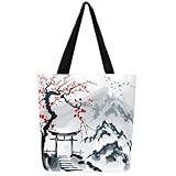 Rote Kirschblüten Leinwand Einkaufstasche, Chinesische Tinte Malerei Stil Leinwand Tasche Romantische Thema Wiederverwendbare Lebensmitteltasche Winter Thema Floral Einkaufstasche Botanische Blumen