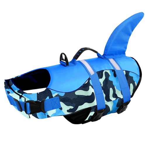 CITÉTOILE Chaleco de rescate de tiburón para perro pequeño y grande, ajustable, con asa, chaleco flotante para mascotas, chaleco salvavidas para animales para deportes acuáticos, azul camuflaje, S