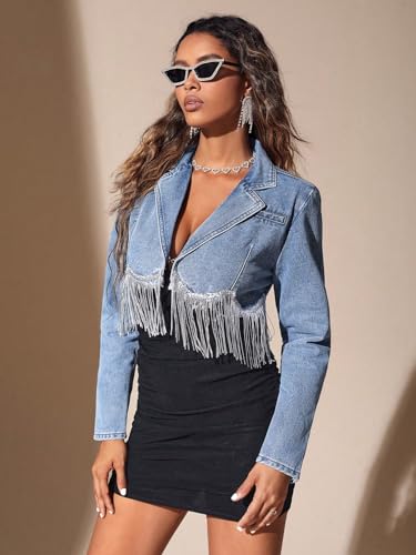 WDIRARA Women's Fringe Trim Trendy Crop Denim Jacket Lapel Neck Long Sleeve Outerwear Coats4