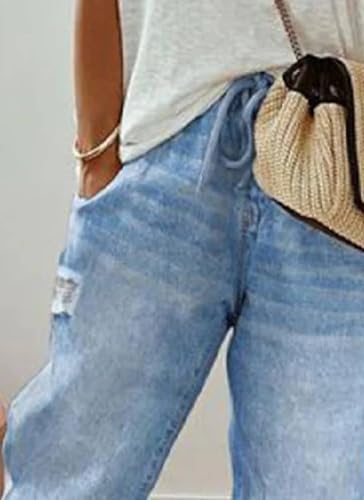 Women's Light Blue Distressed Wide Leg Jeans 2025 Spring Summer Casual Comfortable Denim Pants with Rolled Hem3