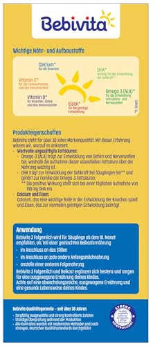 Bebivita 3 Folgemilch (4 x 500g), ab dem 10. Monat, mit Vitamin C und D, Omega-3 (DHA,ALA), altersgerecht sättigend