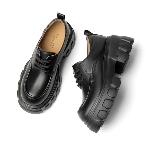Image of BEAU TODAY Platform Oxfords for Women, Oxford Shoes for Women, Chunky Leather Lace Up Oxfords,Casual Comfortable Breathable Non-Slip Dress Shoes for Work Business