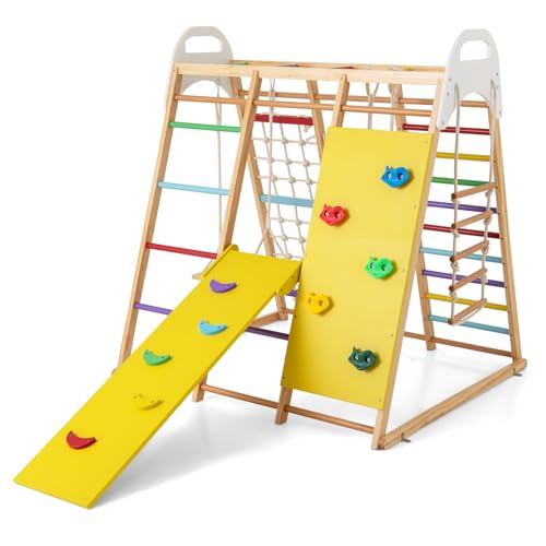 RELAX4LIFE 8 in 1 Triangolo da Arrampicata Multifunzione, Parco Giochi in legno Massello con Scivolo, Altalena e Lavagna, Centro Attività per Bambini 1 a 5 anni (Modello 4 Colorato)