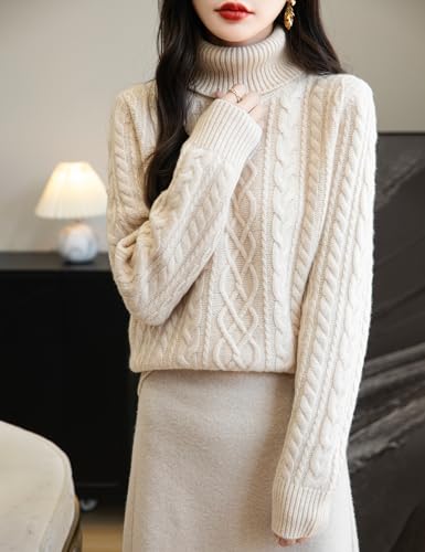Image of Chanyarn Women's 100% Merino Wool Turtleneck Sweater 2025 Fall Winter Casual Cable Warm Soft Long Sleeve Knit Sweater