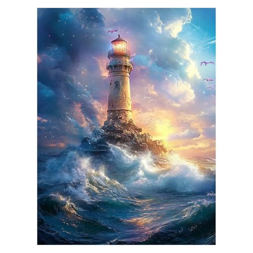 数字油絵 灯台 数字塗り絵画 手芸キット 建築 ペイントバイナンバー 手作りキット 子供 初心者 と アクリル絵の具 と ブラシ キャンバス 40x55 CM Paint by numbers のために そして自宅 壁飾り ギフト 女性 model-530