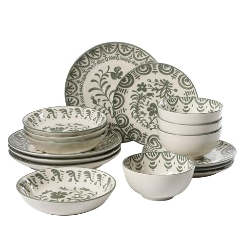 Bloomhouse - 2-Time Oprahs Favorite Things - Valencia Flor 16 Piece Dinnerware Set Artisanal Decorated Stoneware Plates & Bowls Service for 4 Microwave & Dishwasher Safe Fern Green