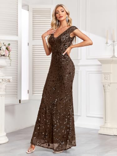 Image of Womens Sequined Long Evening Gown Glamous Sleeveless V-Neck Mermaid Prom Dress for Wedding Party Club Occasions
