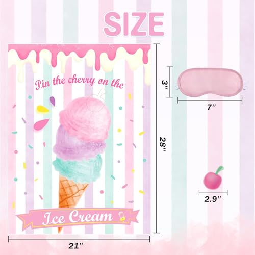 Image of WERNNSAI Pin The Cherry on The Ice Cream Game -Birthday Party Games Ice Cream Party Decorations 28'' x 21'' Poster with 24 PCS Cherry Stickers for Kids Girls Birthday Carnival Supplies | Ice Cream Party Decorations,Summer Birthday Party Games,28 inch x 21 inch Poster with 24 Stickers and Blindfold