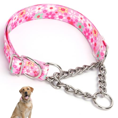 Stainless Steel Chain Martingale Dog Collar, No Pull Slip Cinch Choker Choke Collar Training Escape Proof Heavy Duty Dog Collar for Small Medium Large Pet Girl Female Dogs, Pink Floral L