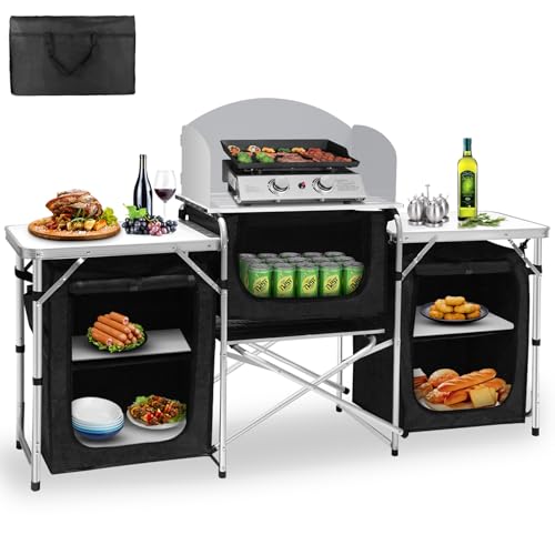 Seeutek Camping Kitchen Table, Aluminum Portable Outdoor Cooking Table Foldable Camp Table with Windscreen and 3 Storage Cupboards Multifunctional for BBQ, Party, Picnics & Outdoor Activities Black