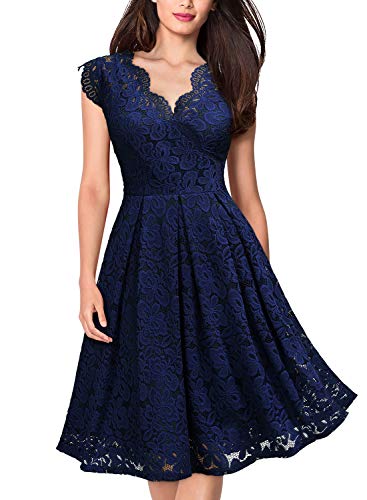 MISSMAY Women's Vintage Floral Lace Short Sleeve V Neck Cocktail Party Swing Dress