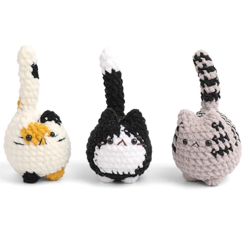 3 pcs Crochet Cats for Desk Decor Cute Mini Handmade Knitted Cats for Shelf or Office Decor Gifts for Women and Cat Lovers