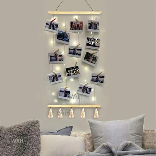 Image of VAH Wooden Hanging Photo Display Picture Frame, Collage Picture Frame, 80cm x 45cm, Multi, Wall Mount, Built-in Lighting, Contemporary, Modern, Classic