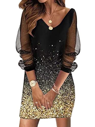 Tomwell Robe Femme Sexy Col en V Rétro Mini en Maille Manches Longues Taille Haute Elégante en Tulle De Soirée Dress Cocktail Noir Z1 Or L