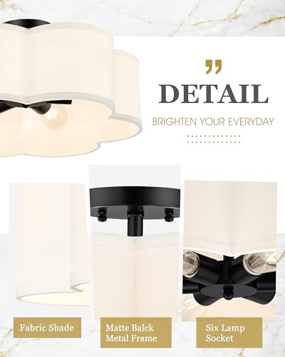 Image of Black Semi Flush Mount Ceiling Lights, 6-Light 18Inch Ceiling Light Fixtures with Fabric Drum Shade in Flower Shape for Nursery Bedroom Kitchen, AD-22007-6SF-BK