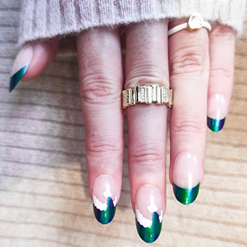 Novo Ovo Green To Blue Purple Switch Holographic Short Medium Almond French Tip Fake False Press On Nails Chrome Cap Metallic Hat Stick On Acrylic Nail Kit With Glue For Christmas St. Patrick's Day #TOP2