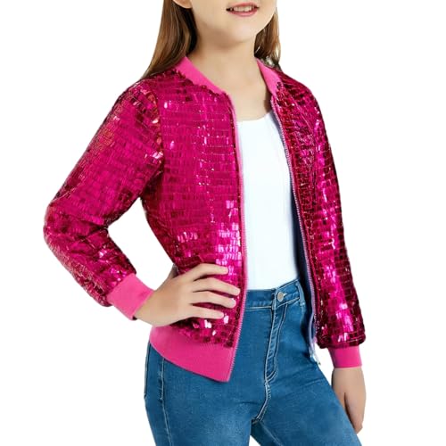 Girls Fashion Sequins Jackets Long Sleeve Cropped Sparkle Shirt Tops Teen Kids Zip up Ribbed (Hot Pink, 18-24 Months)
