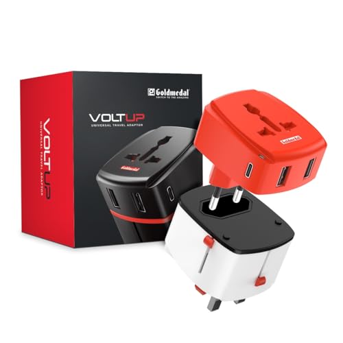 Image of Goldmedal Voltup Universal Travel Adapter with 2 Type-C & 2 Type-A USB Ports | PD Fast Charging Support | Compatible with Multiple Plug Types | Perfect for International Travel | Red & White