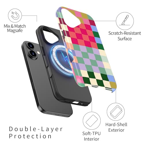 Image of Goodon for iPhone 17 Case Cute - Wireless Charging Compatible - Dual-Layer Hard Shell + Silicone Cover - Protective Phone Case with Trendy Designs for Women - Patchwork Checkerboard | Dual-Layer Hard Shell + Silicone, Slim Fit Protective Phone Cover with Wildflower Designs for Women Girls