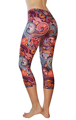 Comfy Yoga Pants - Dry Fit - Slimming Mid Rise Cut - Printed Yoga Leggings (Capri Purple Paisley) #TOP3