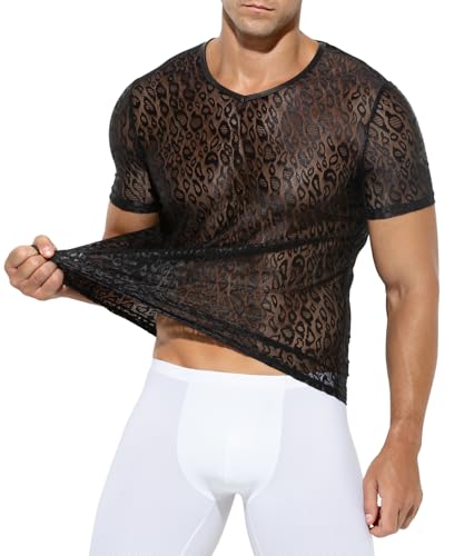 Casey Kevin Camisa Malla Hombre Transparente Muscle T-Shirts Sexy Manga Corta Shirts Negro