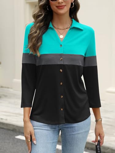 ORANDESIGNE Women's Button Down Shirts 3/4 Length Sleeve Polo Collared Tops Business Casual Color Block Summer Tees4