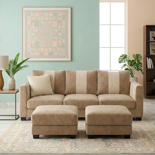 Image of Revo 5 Seater L Shape Sofa Set with 2 Movable Ottomans | Flexible Layout | Luxury Velvet Suede Fabric | Modern Living Room Sofa | Beige