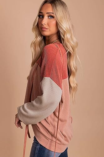 Image of Dokotoo Womens Tops Fashion 2026 Color Block Long Sleeve Shirts for Women Crewneck Knitted Casual Loose Blouses