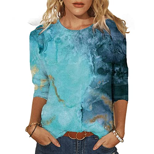 3/4 Sleeve V Neck Shirts for Women, Womens Summer 3/4 Sleeve Shirts Tunic Tops Round Neck Colorful Floral Printed Tees Shirt Loose Pullover Blouses Summer Tops Y5