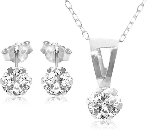 Vera Perla18K White Gold Cubic Zircon Solitaire Jewelry Set, 2 Pieces