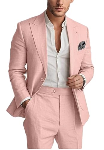 Botong Fato de linho de 2 peças para homem, lapela de entalhe, verão, praia, casamento, smoking, baile, blazer conjunto de fato de negócios, ROSA