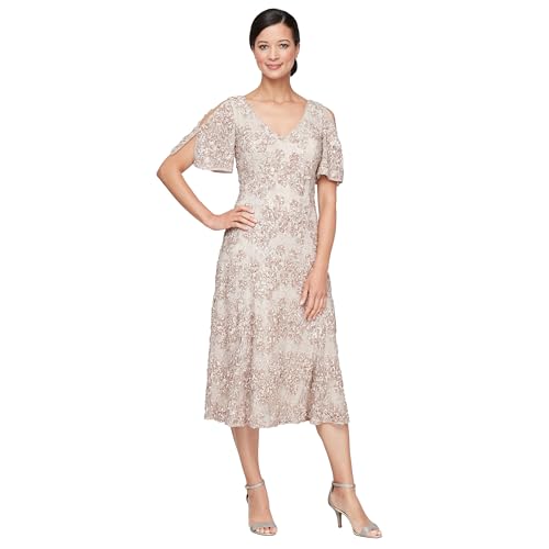 Alex Evenings Women's Midi Stretch Lace & Sequin Formal Dress, Wedding Guest, Mother of The Bride (Petite and Regular Sizes)