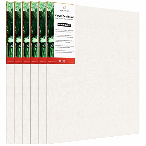 Image of Scholar Art Hobby Series 04 Oz (230 GSM) 100% Cotton Canvas Panel Board for Painting (White Blank Canvas Boards for Acrylic Paint, Oil Paint, Wet & Dry Media) | 18 inchx18 inch (45x45 cm), Pack of 6
