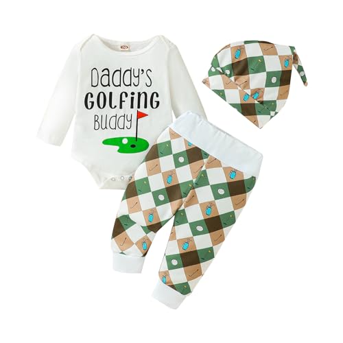 3Pcs Baby Boy Girl Golf Outfit Set Long Sleeve Daddy Golfing Bunny Romper Jogger Pants Hat Newborn Coming Home Outfit (White, 0-6 Months)