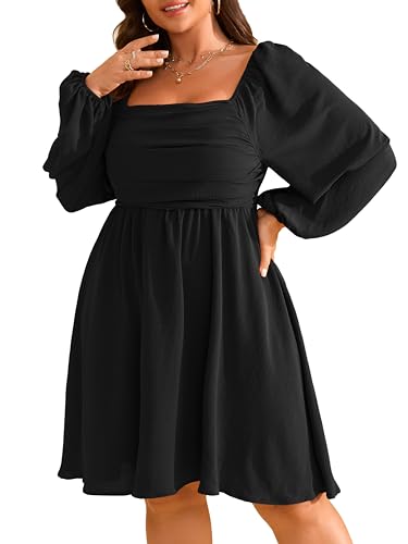 RWJ Black Mini Dress, Women's Plus Size Long Sleeve Dresses Square Neck Smocked Ruched High Waist Going Out Club Evening Party Mini Dress X-Large