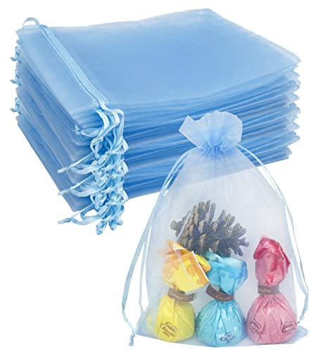 Jexila 100PCS Baby Blue Organza Bag 5''X7'' with Drawstring Small Mesh Gift Bag for Baby Shower Birthday Party Favor Pouch Jewelry Candy Bags (Baby Blue)