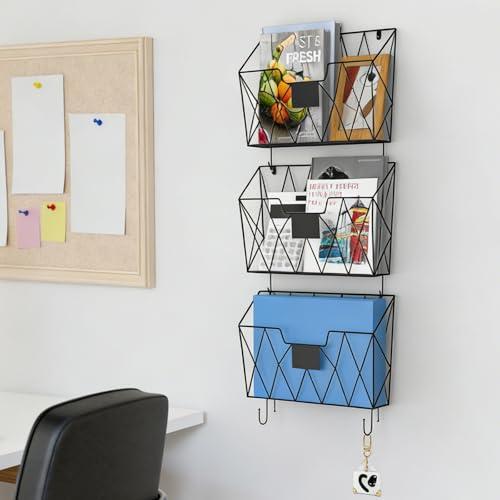 UOMIO 3 Stück Wandhalter Zeitschriften Metall, Wandhalterung Organizer Schwarz, Prospekthalter Wand, Aktenregal mit 2 S-Haken, Wandaufbewahrung für Büro Schule