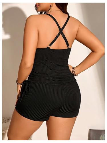 Women's 2 Piece Plus Size Tankini Set Ribbed Knit Halter Tankini High Waisted Shorts Bathing Suit2