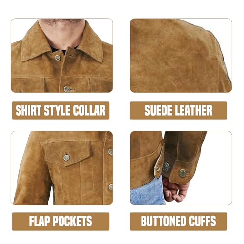Image of Mens Premium Brown Suede Leather Trucker Jacket - Vintage Classic Motorcycle Western Goat Leather Coat