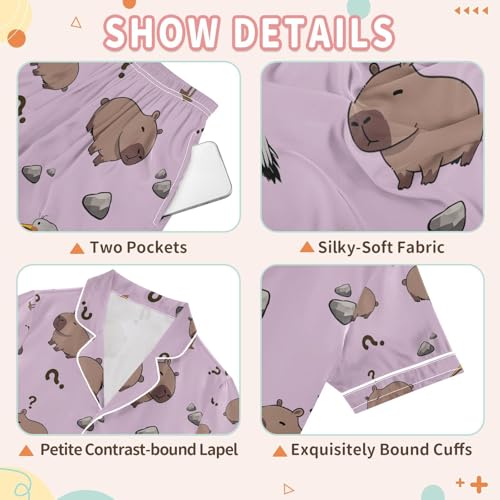senya Cute Pelican Eat Capybara Satin Summer Pajama Sets Silk Short Sleeve Button Down Sleepwear3
