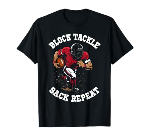 Football Lineman for Men Boys Block Tackle Sack Repeat Funny T-Shirt