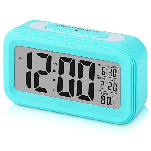 Sarsumir Despertador Digital, Reloj Despertador Digital Pilas Inteligente Silencioso con Luz Nocturna LED Despertador con Función de Posponer Temperatura de Fecha para Niños Infantil Adulto, Azul