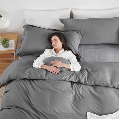 Image of Hearth & Harbor Grey Duvet Cover with Fitted Sheet Full Size | 4 Piece Soft Double Brushed Bedding Set, Button Closure, 1 Duvet Cover 80x90 Inches, 1 Fitted Sheet, 2 Pillow Shams