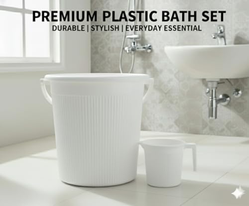 Image of MODWARE Plastic Bucket Set with Mug, 25L Bucket with 1.5L Mug, Polypropylene, Round Shape, (White, 25 L)