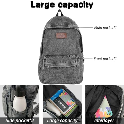 Teclado Denim Backpack Casual Bookbags Lightweight Laptop Bag Outing Travel Daypacks (Grey)4