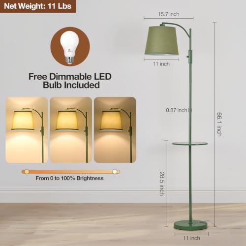 Image of AIDENOEY Fully Dimmable Floor Lamp for Living Room,Standing Lamp Rotary Switch with Table&Linen Beige Shade,Green Tall Lamps for Bedroom with Adjust Head,9W LED Bulb Included